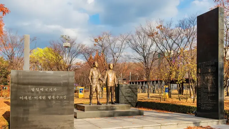 울창한 수목 사이로 조성된 자유공원 평지 산책로 및 피크닉 쉼터