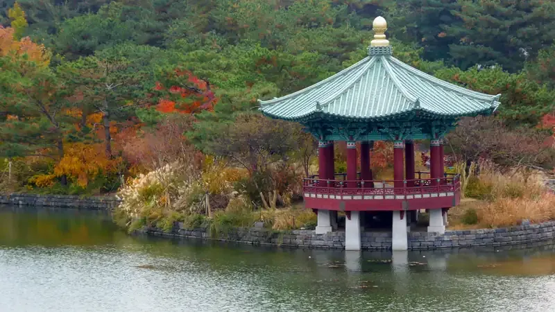 거울못 호수와 청자정이 어우러진 수변 정원 쉼터